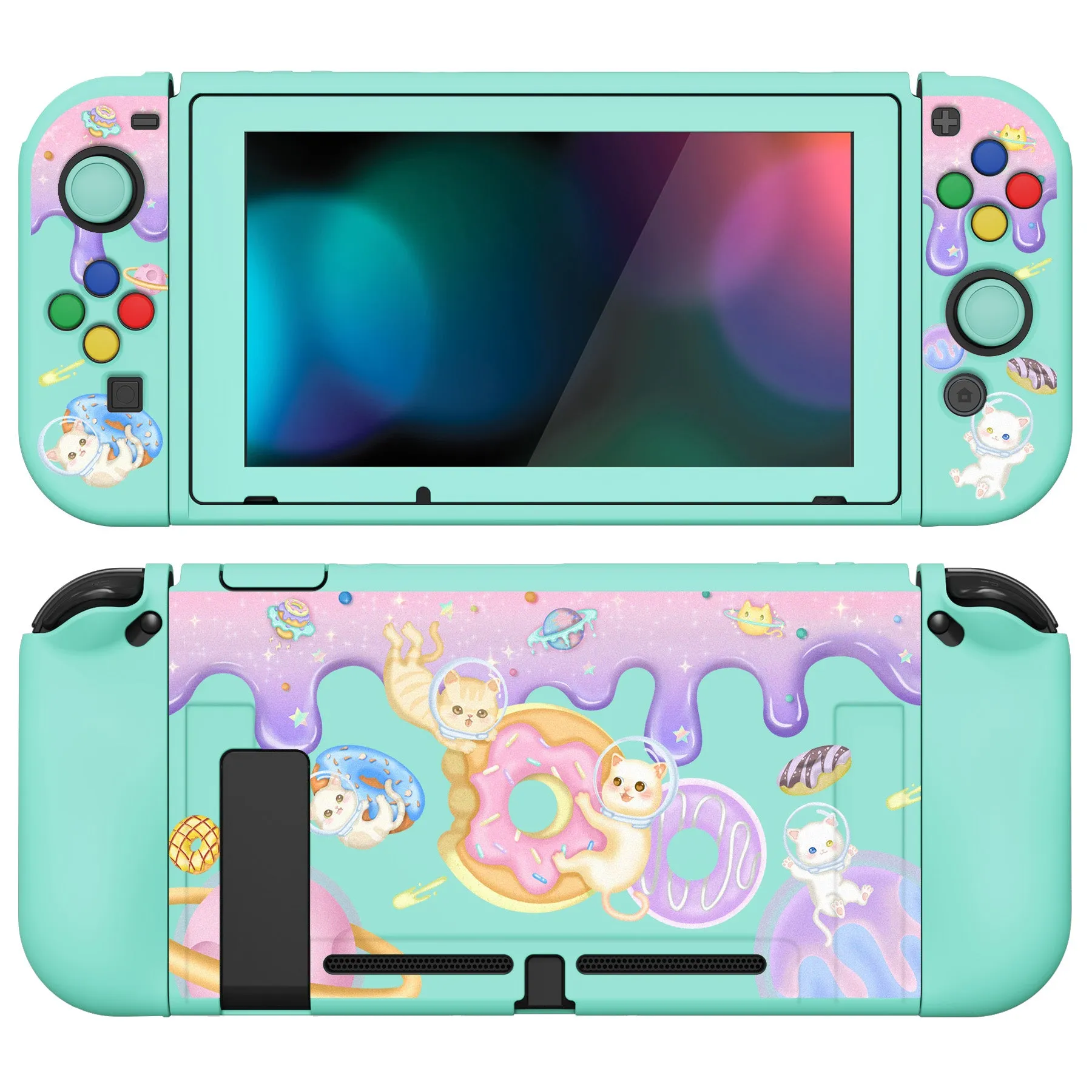 PlayVital ZealProtect Soft Protective Case for Nintendo Switch, Flexible Cover Protector for Nintendo Switch with Tempered Glass Screen Protector & Thumb Grip Caps & ABXY Direction Button Caps - Donut Odyssey - RNSYV6013