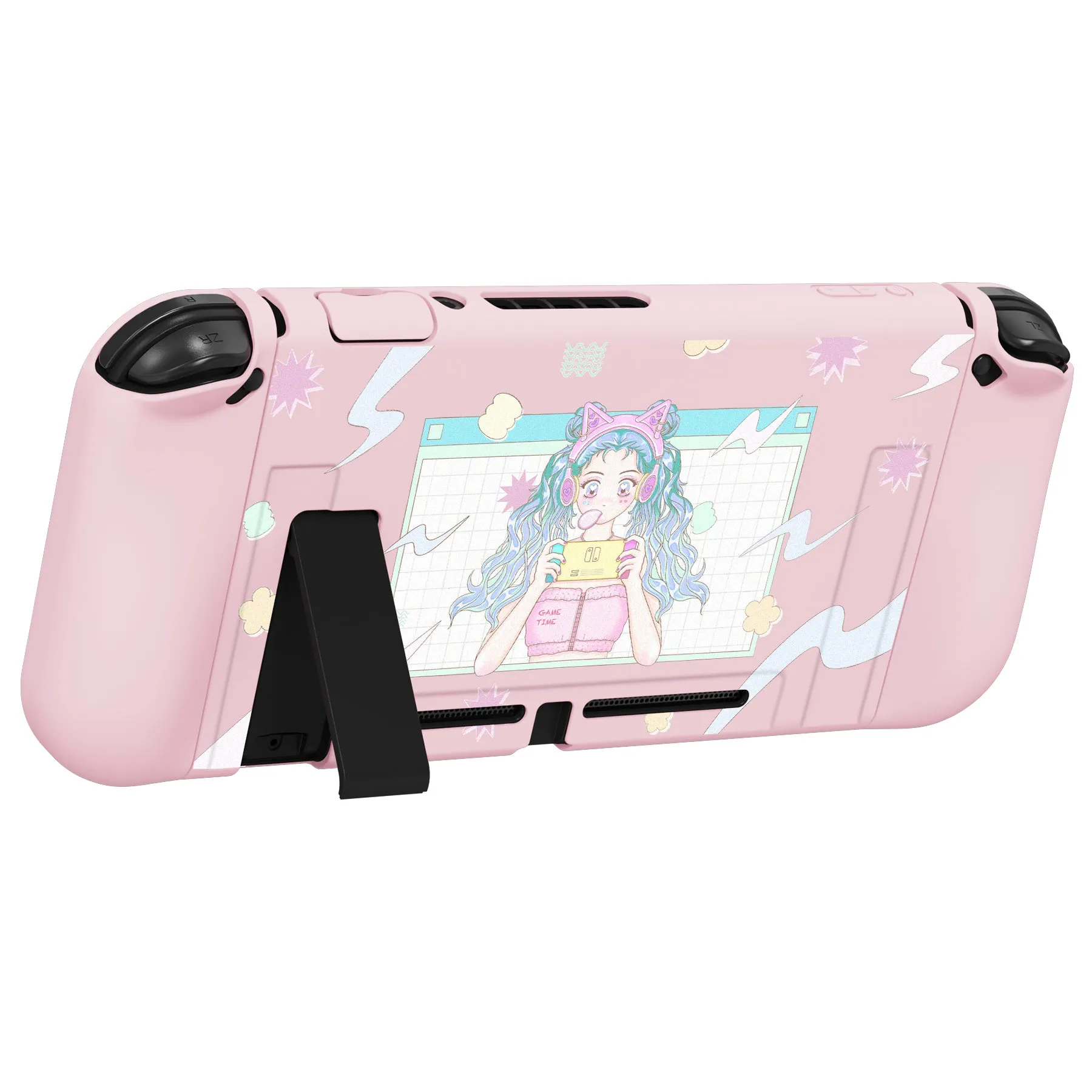 PlayVital ZealProtect Soft Protective Case for Nintendo Switch, Flexible Cover Protector for Nintendo Switch with Tempered Glass Screen Protector & Thumb Grip Caps & ABXY Direction Button Caps - Gaming Girl - RNSYV6021