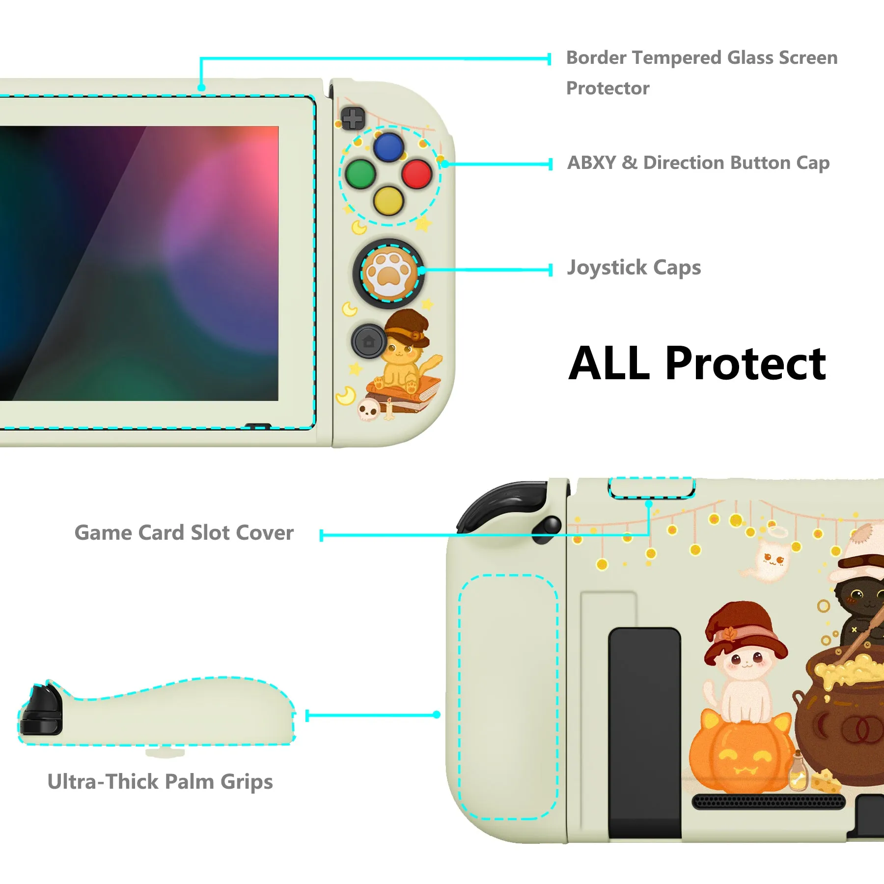 PlayVital ZealProtect Soft Protective Case for Nintendo Switch, Flexible Cover Protector for Nintendo Switch with Tempered Glass Screen Protector & Thumb Grip Caps & ABXY Direction Button Caps - Triplets Pumpkin Cats - RNSYV6020