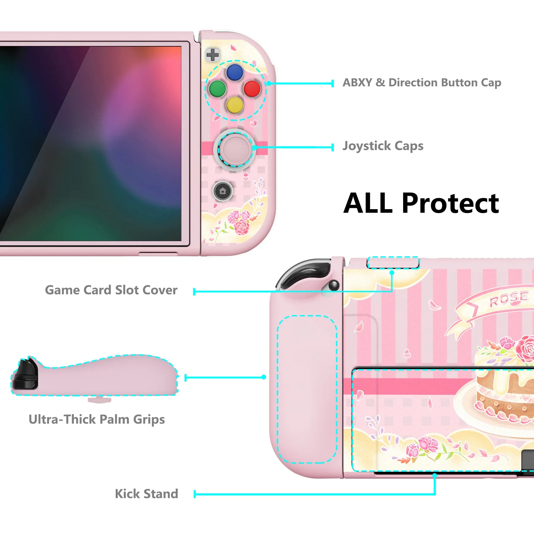 PlayVital ZealProtect Soft Protective Case for Nintendo Switch OLED, Flexible Protector Joycon Grip Cover for Nintendo Switch OLED with Thumb Grip Caps & ABXY Direction Button Caps - Rose Cake - XSOYV6006