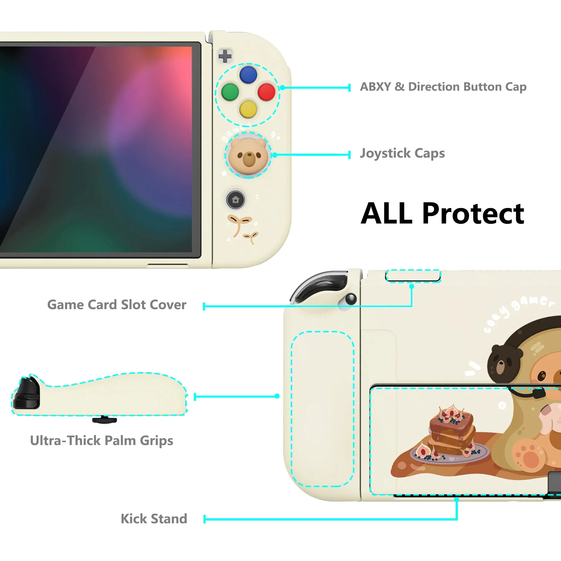 PlayVital ZealProtect Soft Protective Case for Switch OLED, Flexible Protector Joycon Grip Cover for Switch OLED with Thumb Grip Caps & ABXY Direction Button Caps - Cozy Gamer Bear - XSOYV6035