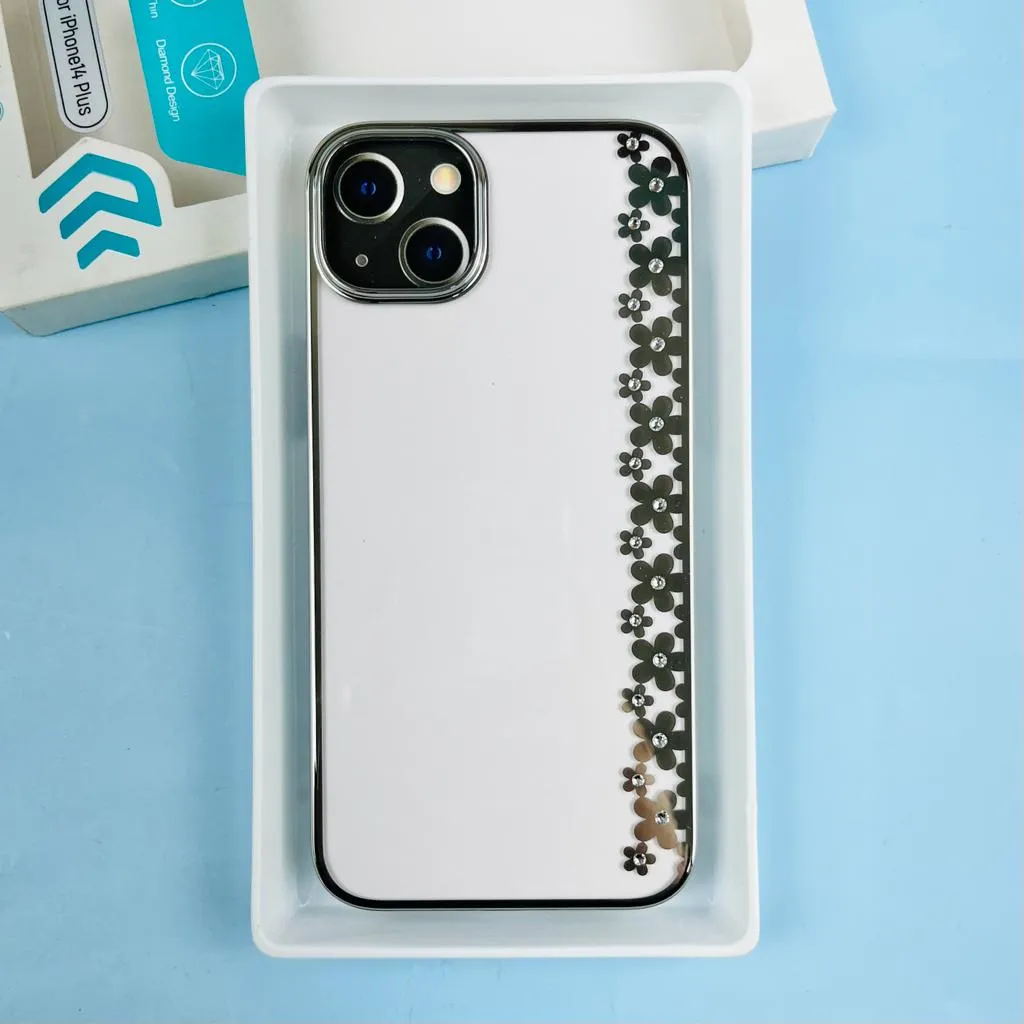 Premium Quality Flower Print with Diamond Design Transparent Back Case for Apple Iphone 14 / Iphone 14 plus