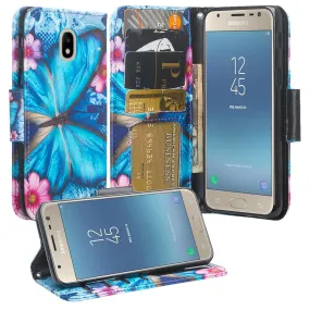 Samsung Galaxy J7 V 2nd Gen/J7 Crown/J7 Top/J7 2018/J7 Star/J7 Achieve/J7 Refine/J7 Aero/J7 Aura Case, Wallet Case, Wrist Strap Pu Leather Wallet Case [Kickstand] with ID & Credit Card Slots - Blue Butterfly