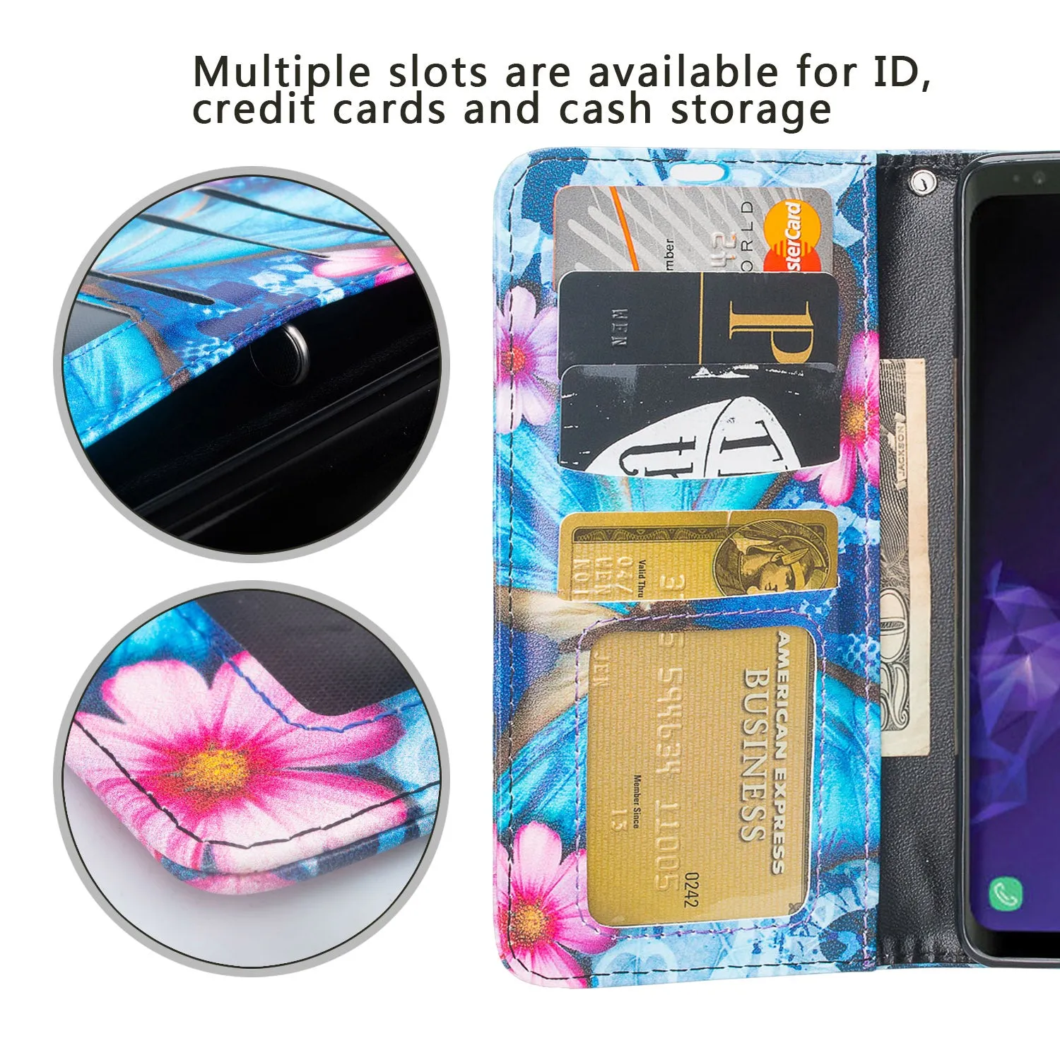 Samsung Galaxy S10 5G Case, SMG977U Wallet Case, Wrist Strap Pu Leather Wallet Case [Kickstand] with ID & Credit Card Slots - Blue Butterfly