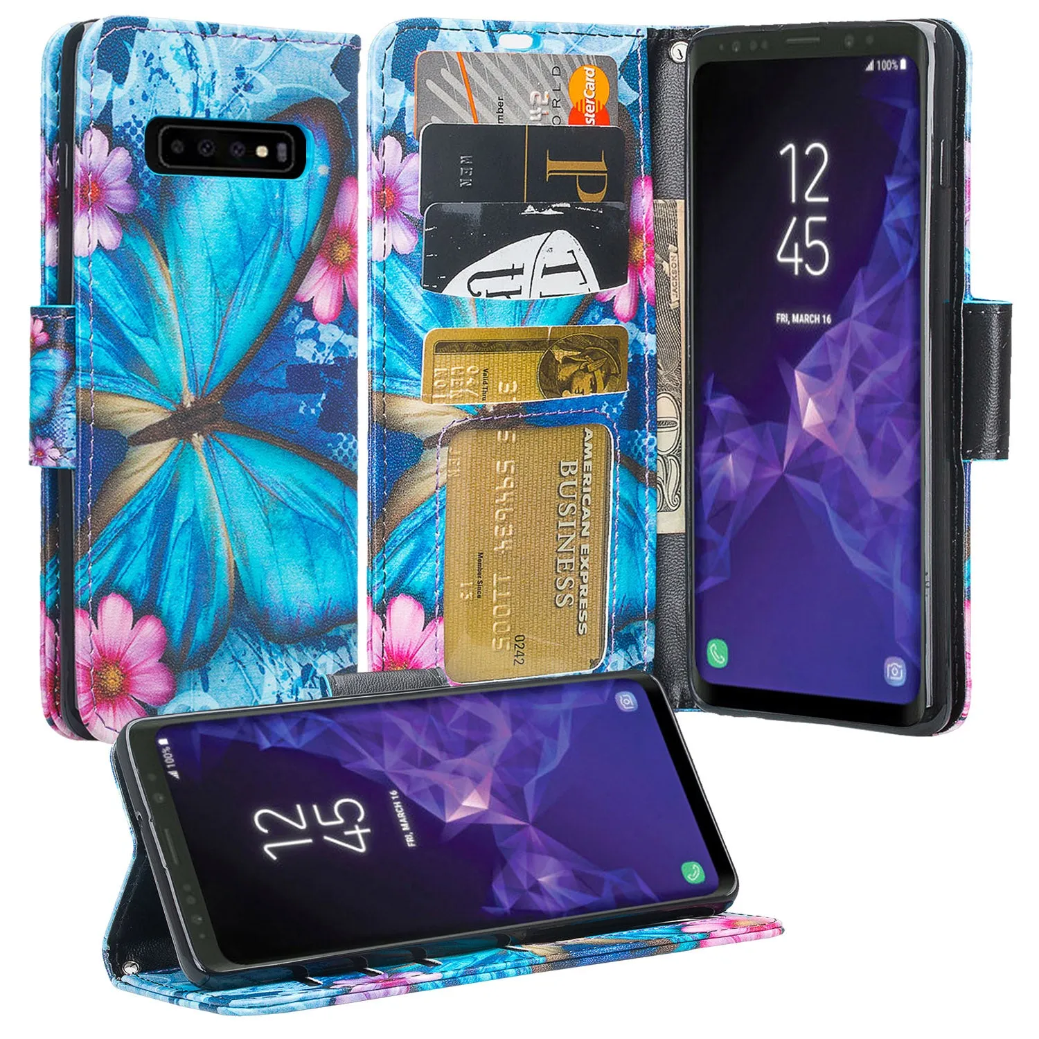 Samsung Galaxy S10 5G Case, SMG977U Wallet Case, Wrist Strap Pu Leather Wallet Case [Kickstand] with ID & Credit Card Slots - Blue Butterfly