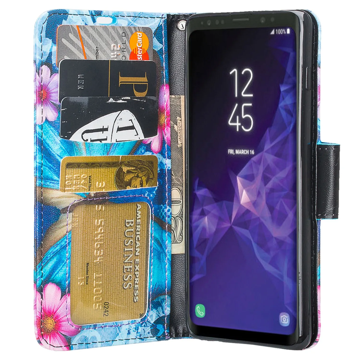 Samsung Galaxy S10 5G Case, SMG977U Wallet Case, Wrist Strap Pu Leather Wallet Case [Kickstand] with ID & Credit Card Slots - Blue Butterfly