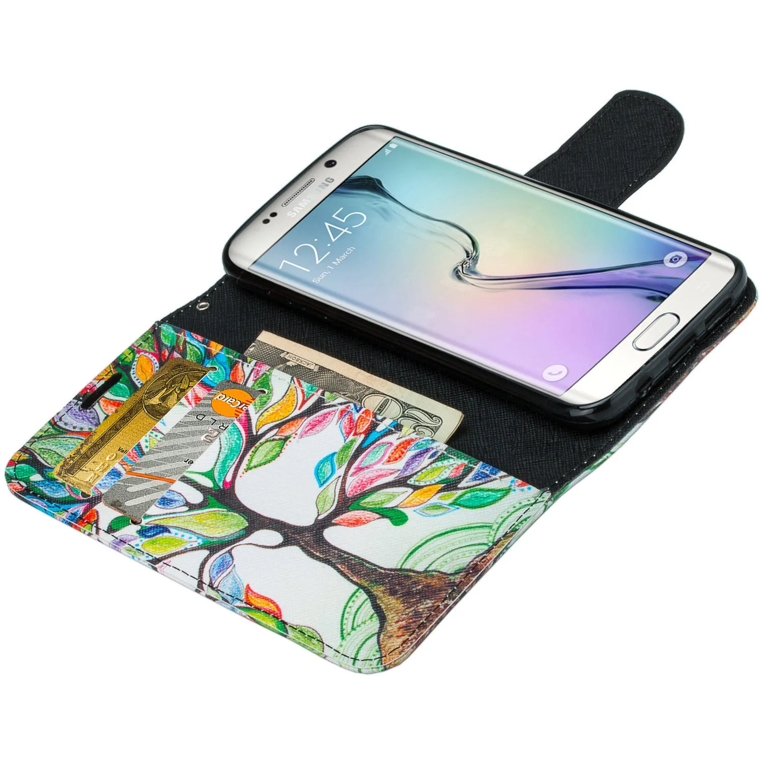 Samsung Galaxy S6 Edge Plus Case, Wrist Strap Magnetic Flip Fold[Kickstand] Pu Leather Wallet Case with ID & Card Slots - Colorful Tree