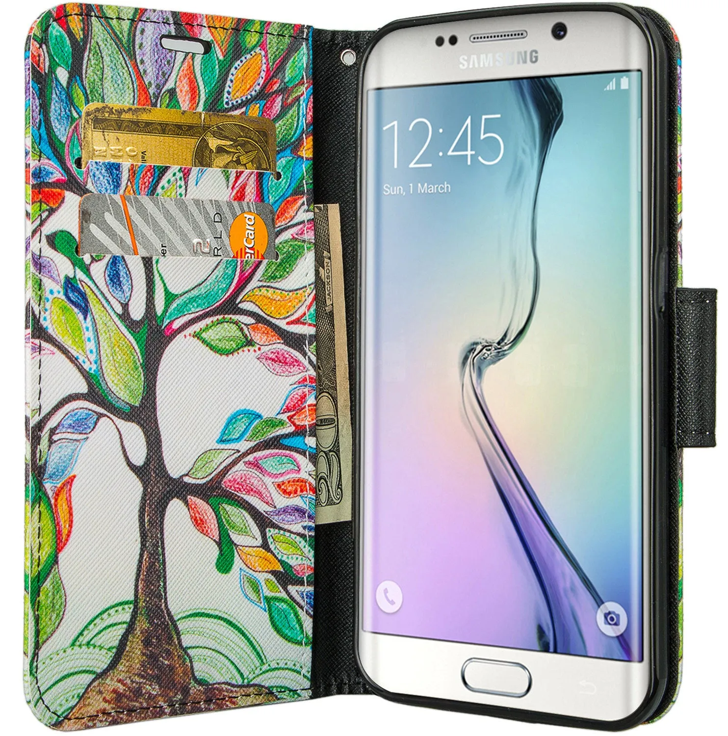 Samsung Galaxy S6 Edge Plus Case, Wrist Strap Magnetic Flip Fold[Kickstand] Pu Leather Wallet Case with ID & Card Slots - Colorful Tree