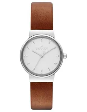 Skagen Womens Ancher Crystal Watch - Brown Leather Strap - Stainless Steel