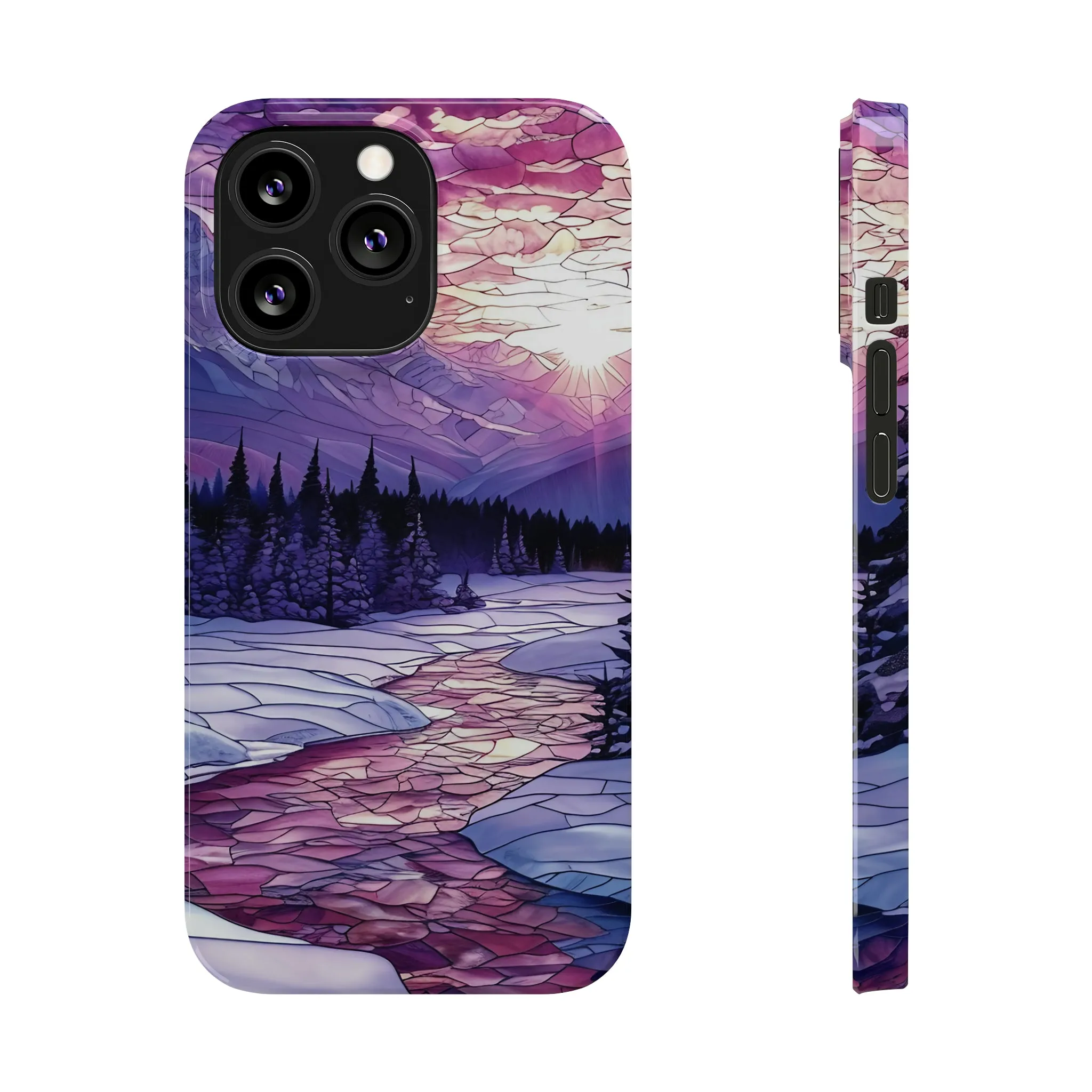 Stained Glass Style Winter Landscape Design Sleek Elegance Wireless-Charging Compatible Phone Case Slim