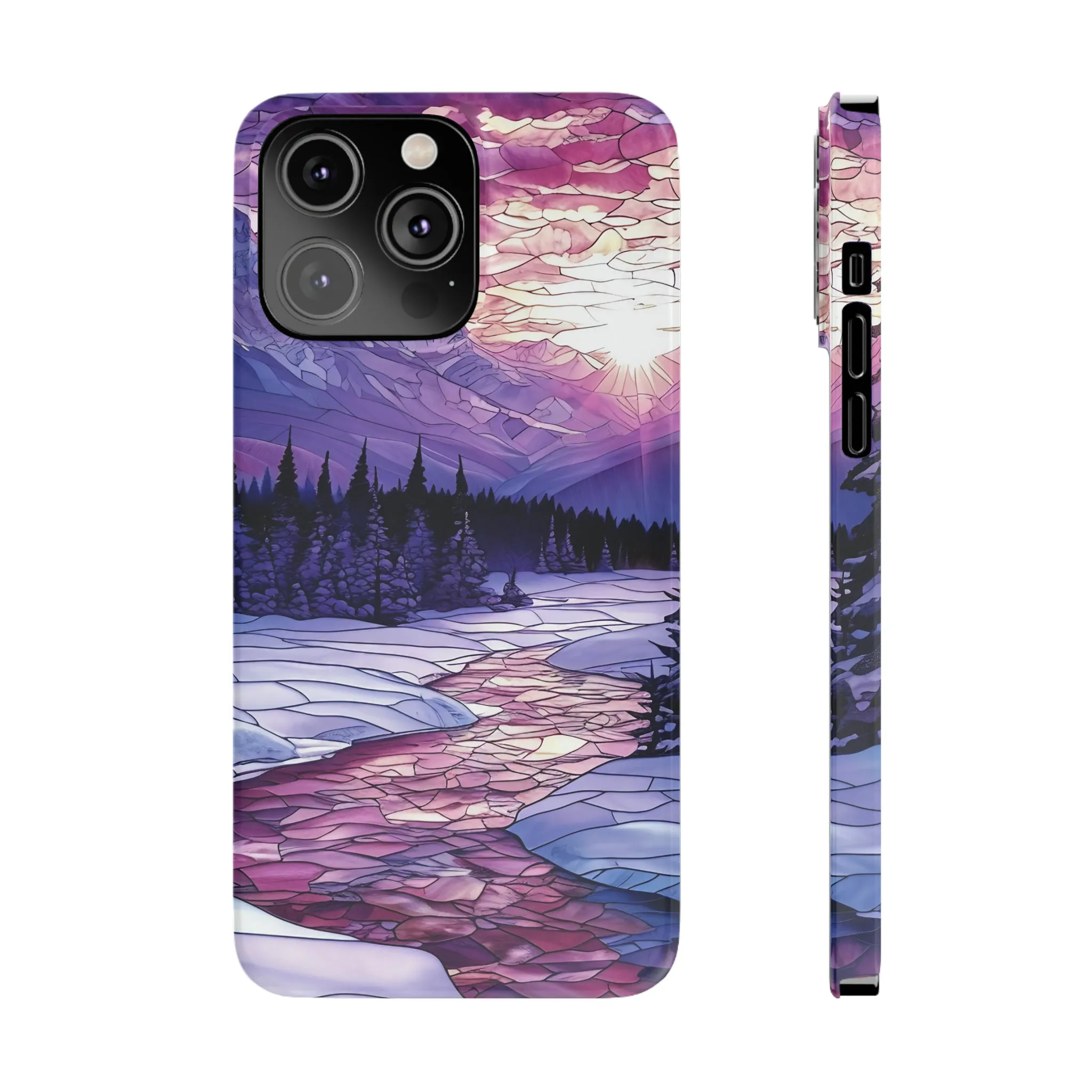 Stained Glass Style Winter Landscape Design Sleek Elegance Wireless-Charging Compatible Phone Case Slim