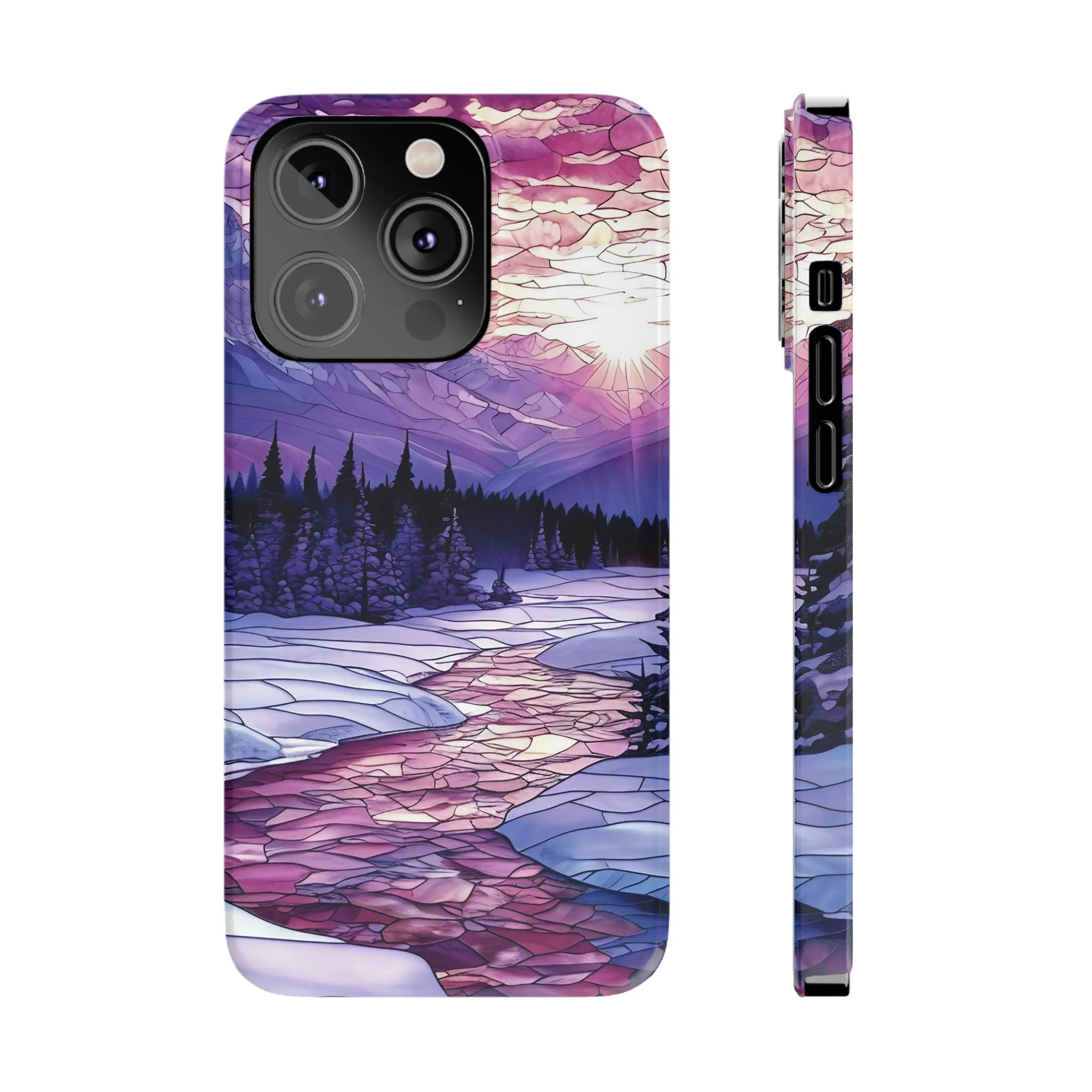 Stained Glass Style Winter Landscape Design Sleek Elegance Wireless-Charging Compatible Phone Case Slim