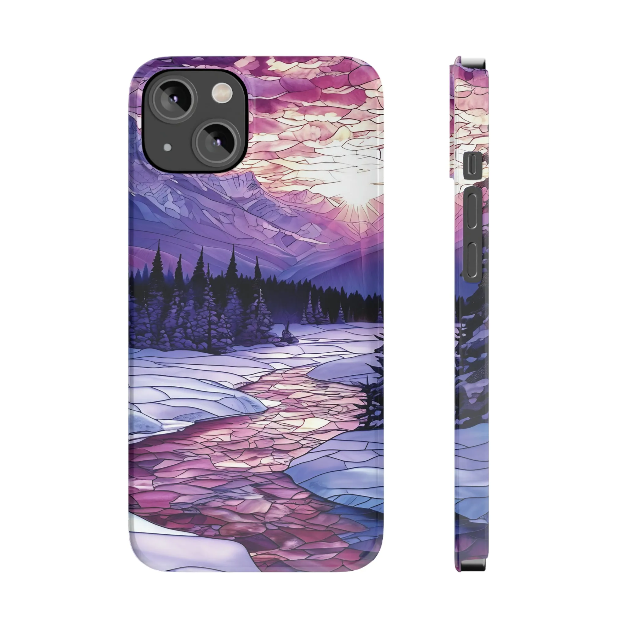 Stained Glass Style Winter Landscape Design Sleek Elegance Wireless-Charging Compatible Phone Case Slim