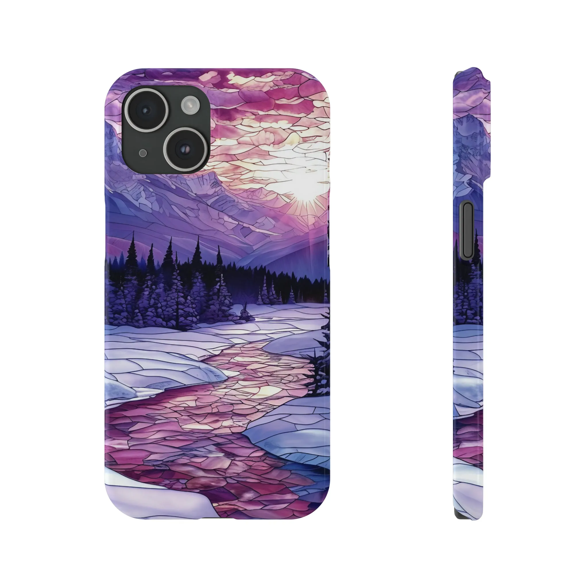 Stained Glass Style Winter Landscape Design Sleek Elegance Wireless-Charging Compatible Phone Case Slim