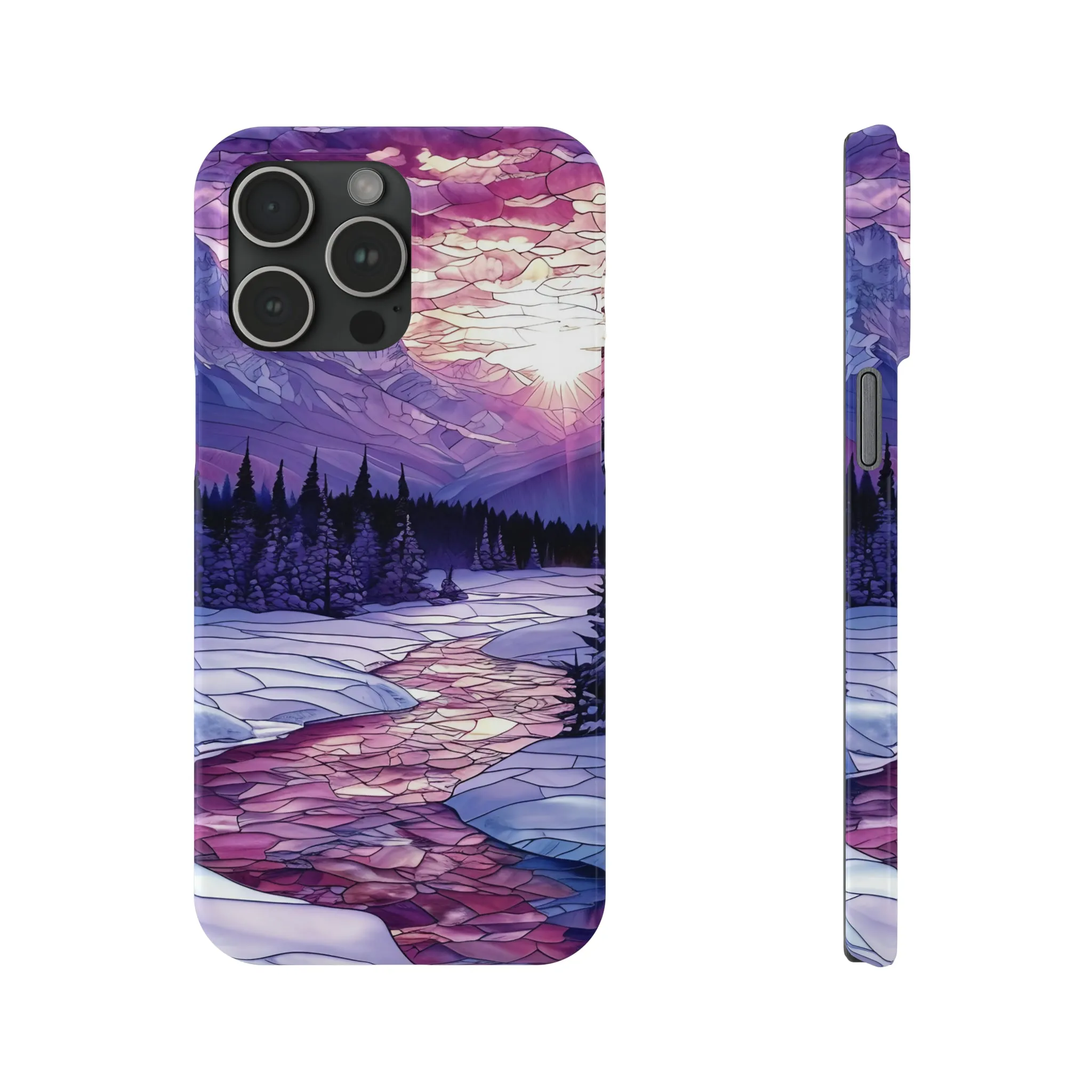 Stained Glass Style Winter Landscape Design Sleek Elegance Wireless-Charging Compatible Phone Case Slim