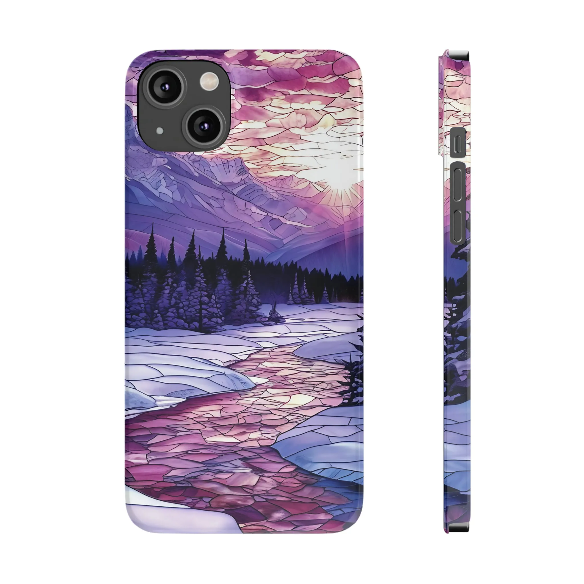 Stained Glass Style Winter Landscape Design Sleek Elegance Wireless-Charging Compatible Phone Case Slim