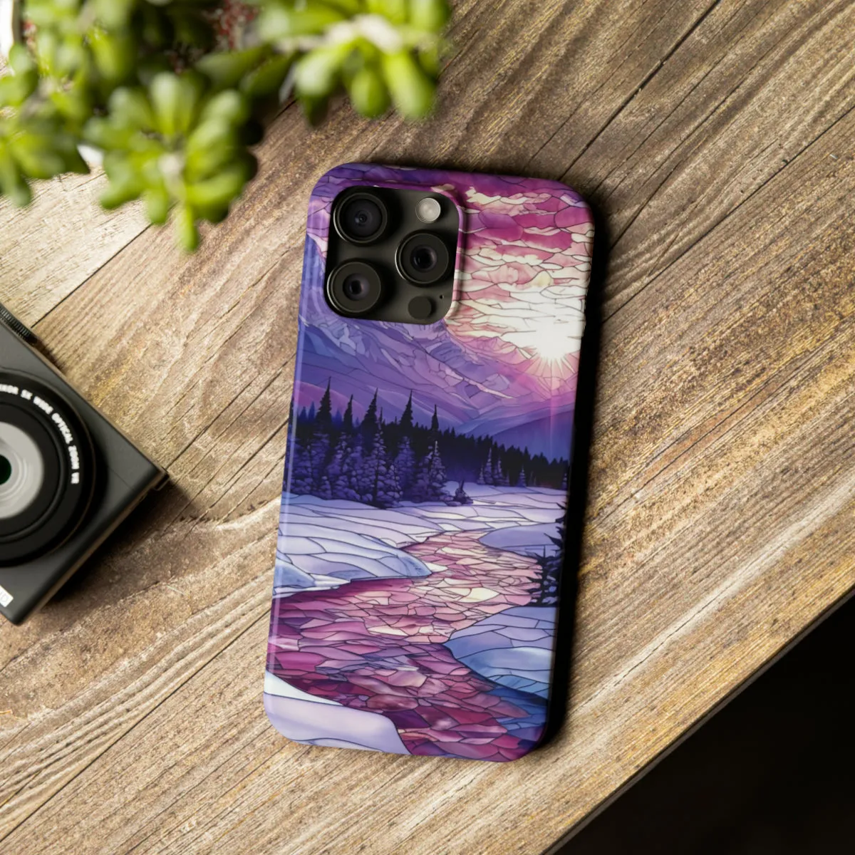 Stained Glass Style Winter Landscape Design Sleek Elegance Wireless-Charging Compatible Phone Case Slim