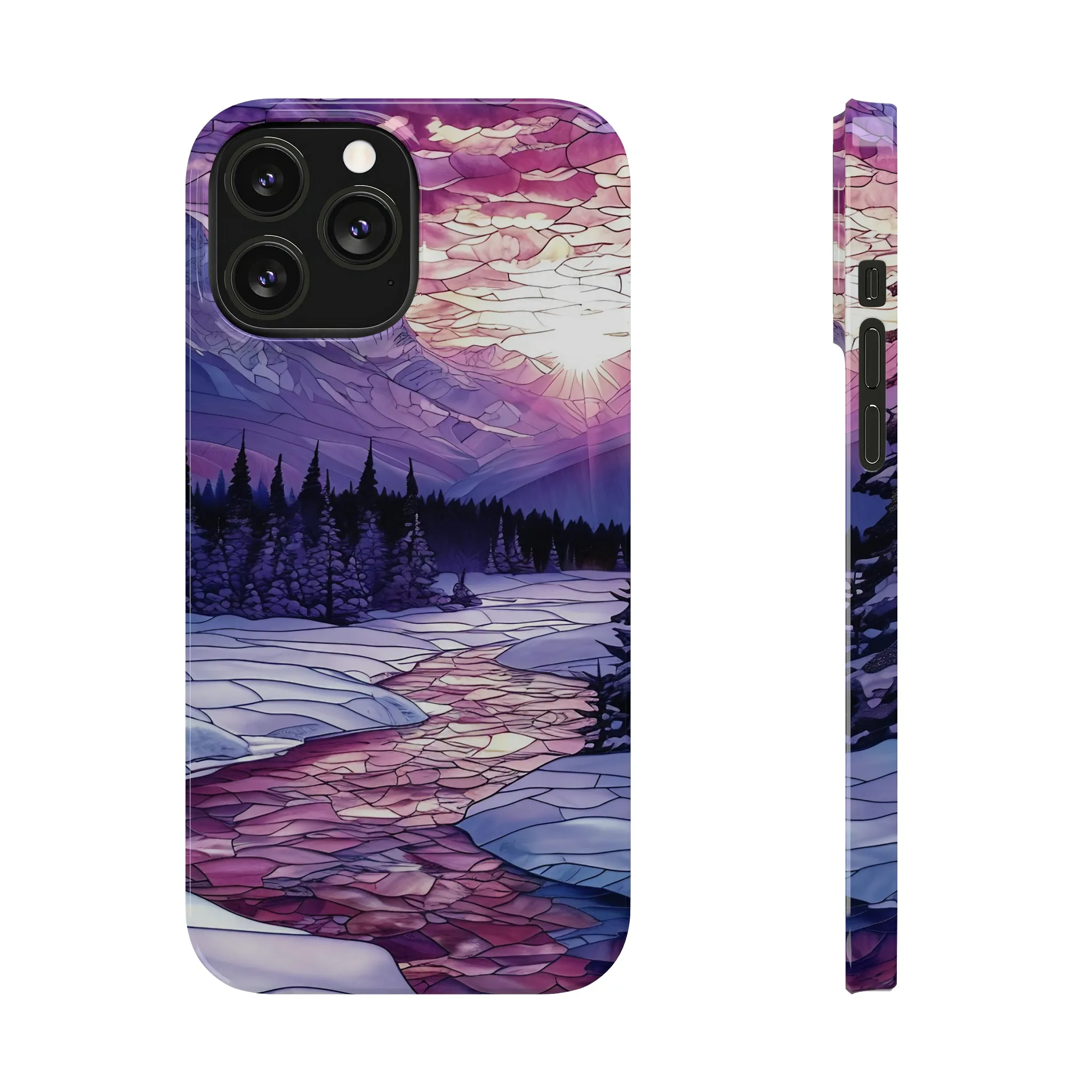 Stained Glass Style Winter Landscape Design Sleek Elegance Wireless-Charging Compatible Phone Case Slim