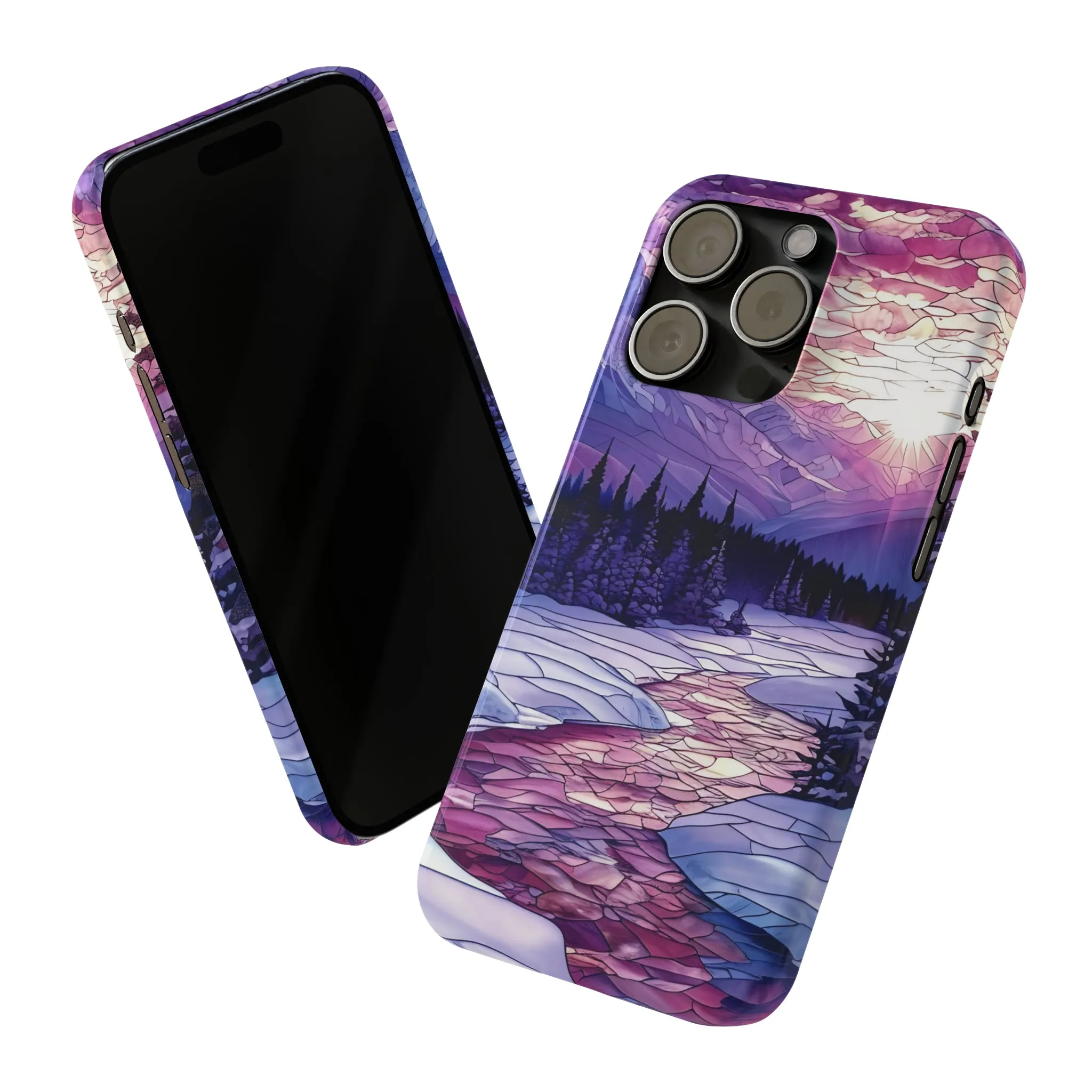 Stained Glass Style Winter Landscape Design Sleek Elegance Wireless-Charging Compatible Phone Case Slim