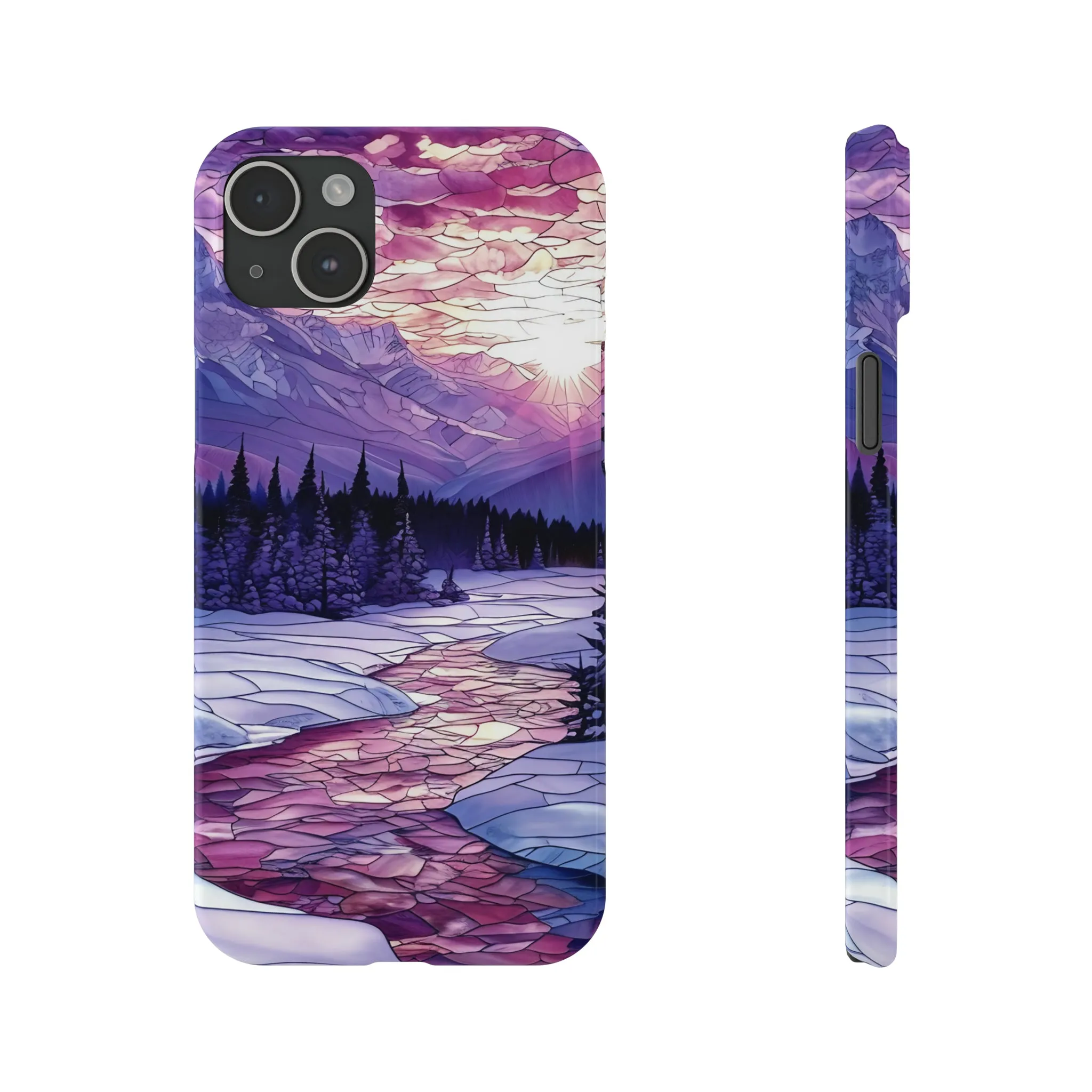 Stained Glass Style Winter Landscape Design Sleek Elegance Wireless-Charging Compatible Phone Case Slim