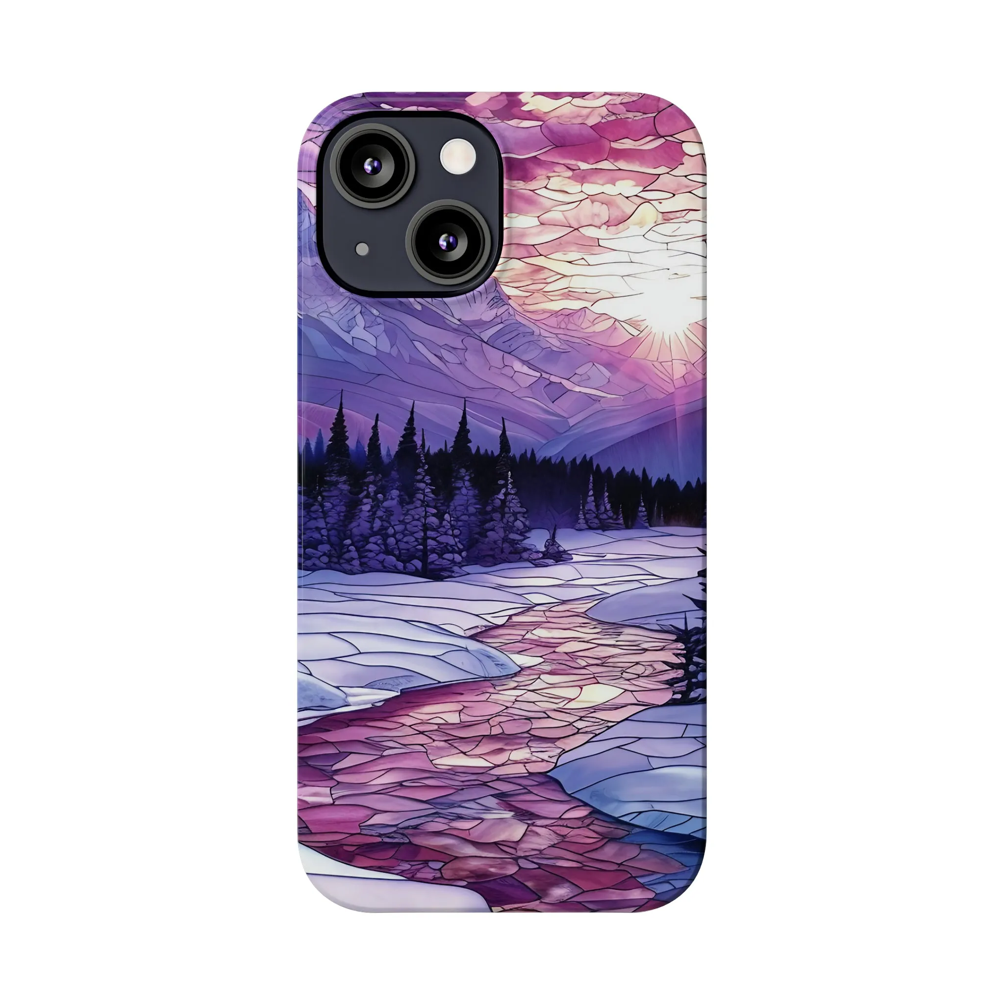 Stained Glass Style Winter Landscape Design Sleek Elegance Wireless-Charging Compatible Phone Case Slim