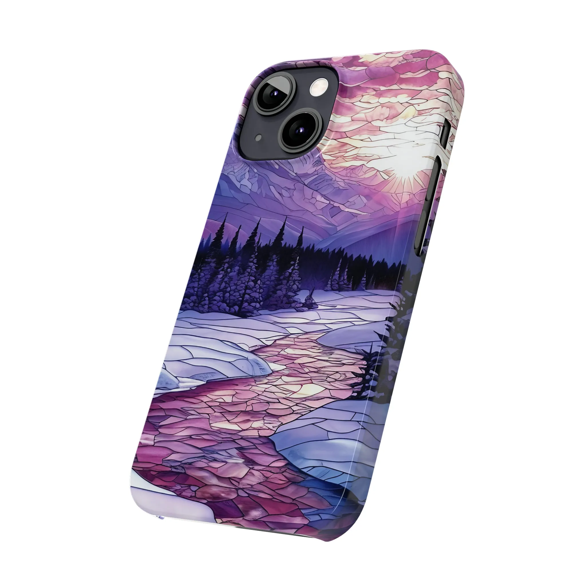 Stained Glass Style Winter Landscape Design Sleek Elegance Wireless-Charging Compatible Phone Case Slim