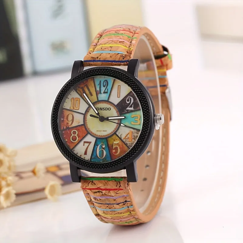 Stylish Vintage Floral Dial Wood Grain Watch  Perfect Gift