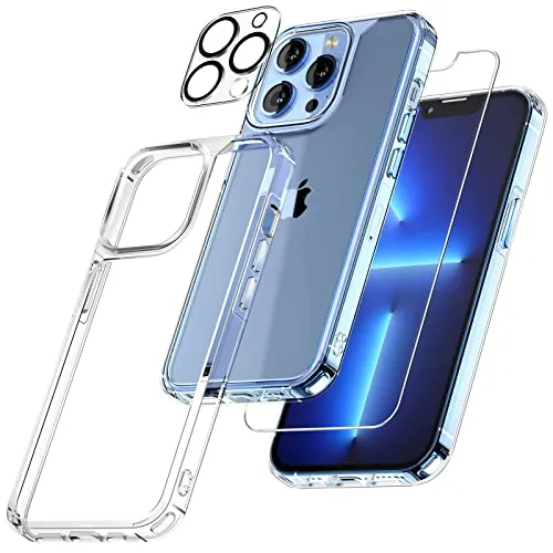 TAURI 5-in-1 for iPhone 13 Pro Case, [Not-Yellowing] with 2 Screen Protector   2 Camera Lens Protector, [Military Grade Protection] Shockproof Slim for iPhone 13 Pro Phone Case 6.1 inch, Clear