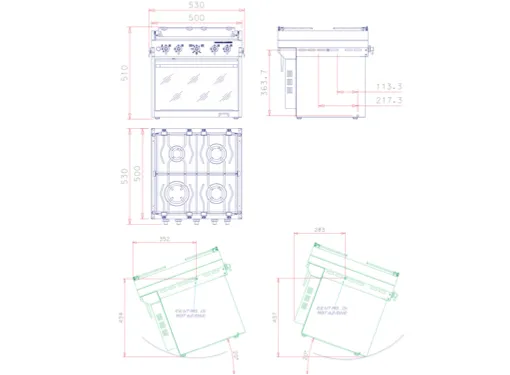 Techimpex Top4 Stainless Steel Cooker - 4 Hob Burners, Grill, Oven, Pan clamps & Gimbals