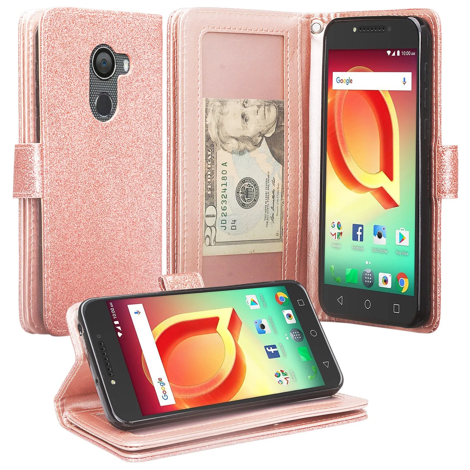 Tmobile REVVL, Alcatel A30 Plus, A30 Fierce, Alcatel Walters Case, Wrist Strap Glitter Bling Faux Leather Flip [Kickstand] Wallet Cover - Rose Gold