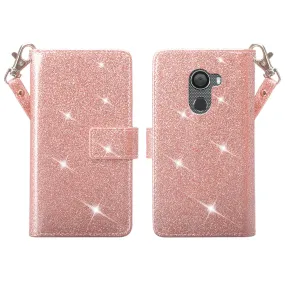 Tmobile REVVL, Alcatel A30 Plus, A30 Fierce, Alcatel Walters Case, Wrist Strap Glitter Bling Faux Leather Flip [Kickstand] Wallet Cover - Rose Gold