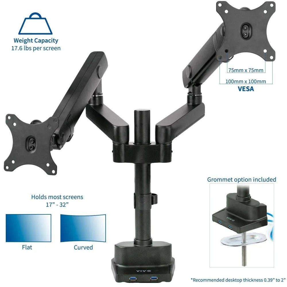 VIVO Pneumatic Arm Dual Monitor Desk Mount with USB for monitors up to 32", STAND-V102BDU