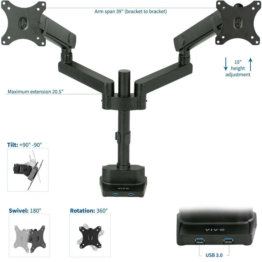 VIVO Pneumatic Arm Dual Monitor Desk Mount with USB for monitors up to 32", STAND-V102BDU