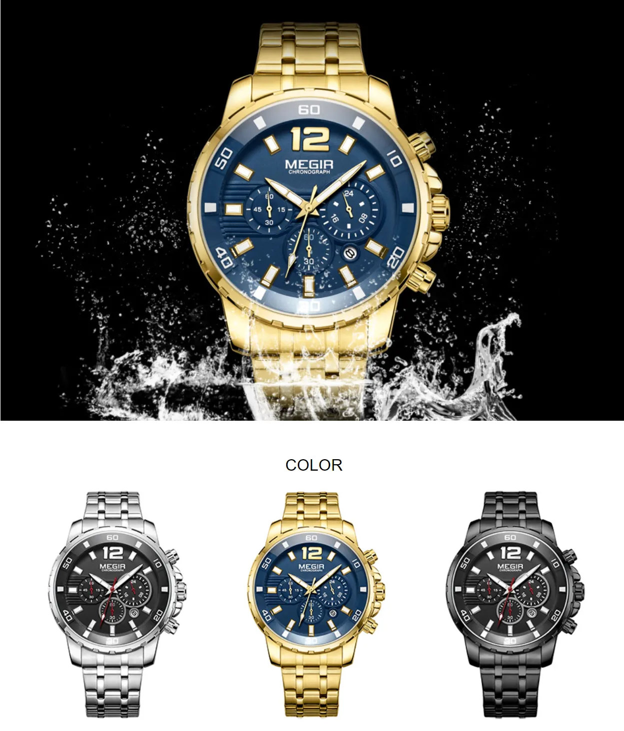 Waterproof Men's Gold Stainless Steel Quartz Watches