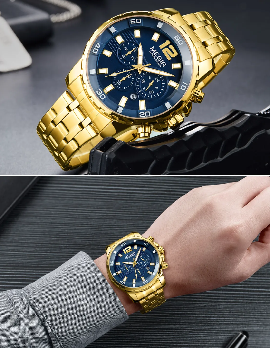 Waterproof Men's Gold Stainless Steel Quartz Watches