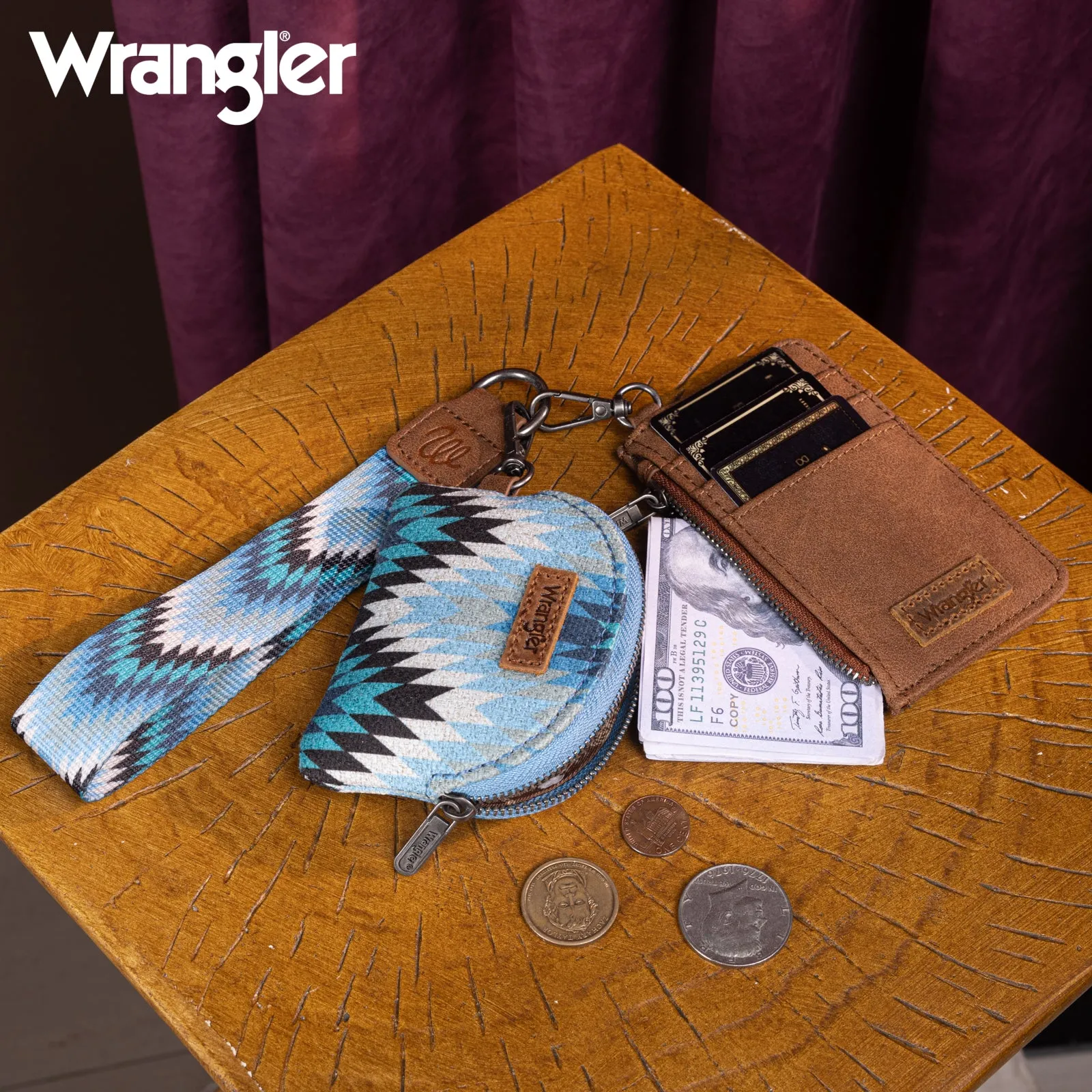 WG2211-W0051  Wrangler Southwestern Art Print Dual Pouch Wristlet -Jean