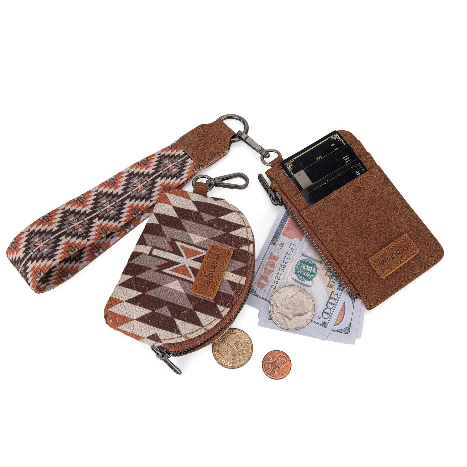 WG2213-W0051  Wrangler Southwestern Art Print Dual Pouch Wristlet -Brown