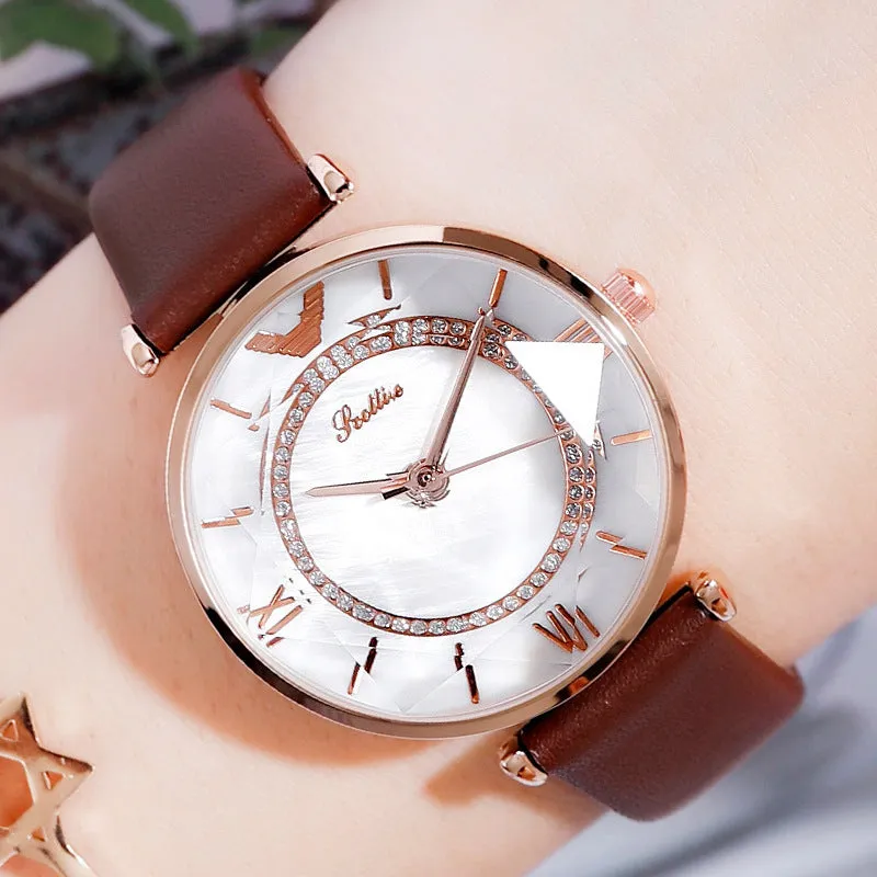 Women's Watch Irregular Mirror large dial Leather Strap simple watch