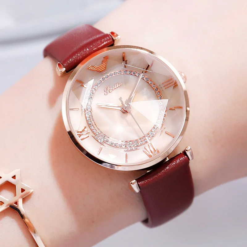 Women's Watch Irregular Mirror large dial Leather Strap simple watch