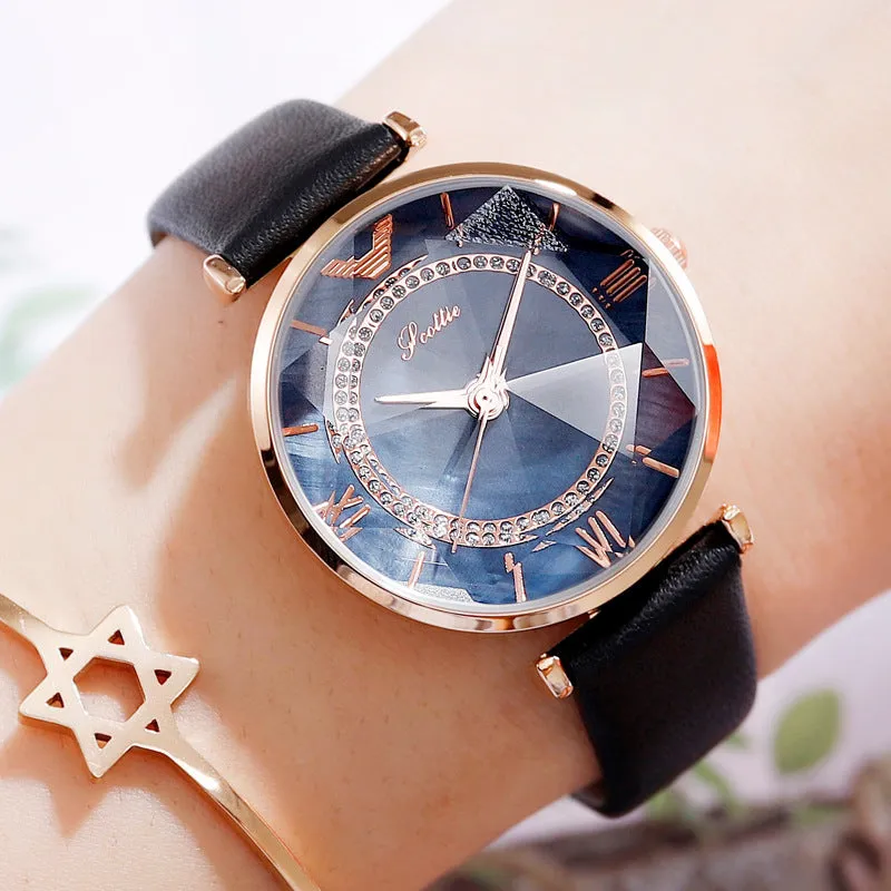 Women's Watch Irregular Mirror large dial Leather Strap simple watch