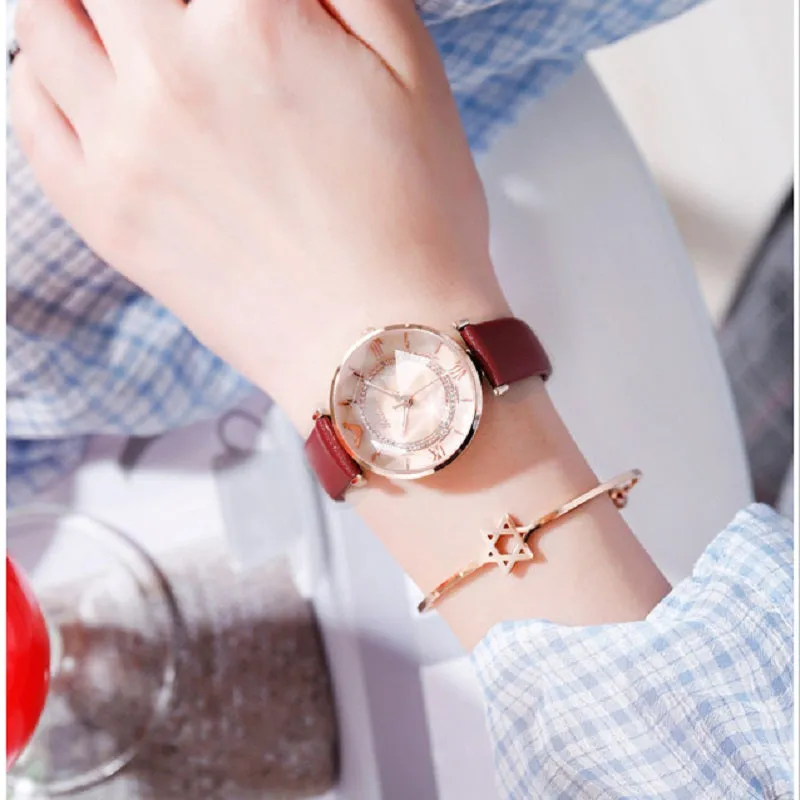 Women's Watch Irregular Mirror large dial Leather Strap simple watch