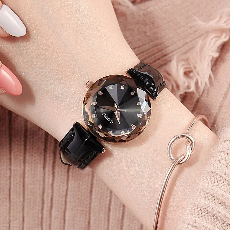 Women's Watch Rhombus-shaped Mirror purple dial leather strap elegant watch