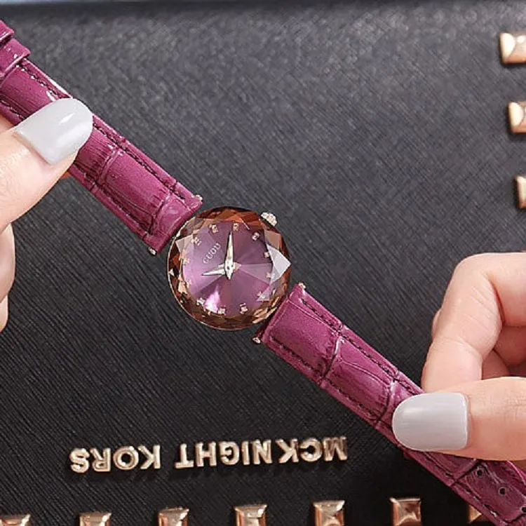 Women's Watch Rhombus-shaped Mirror purple dial leather strap elegant watch