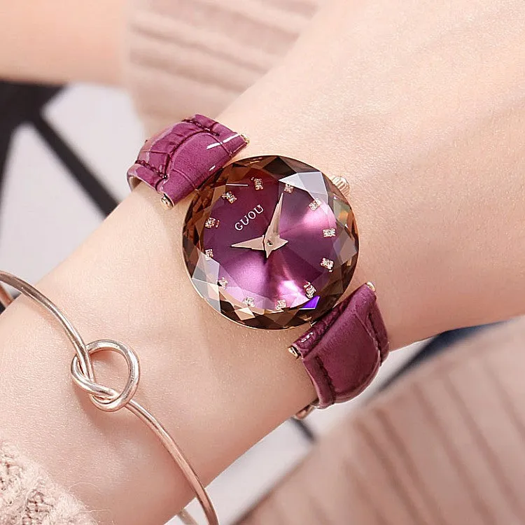 Women's Watch Rhombus-shaped Mirror purple dial leather strap elegant watch