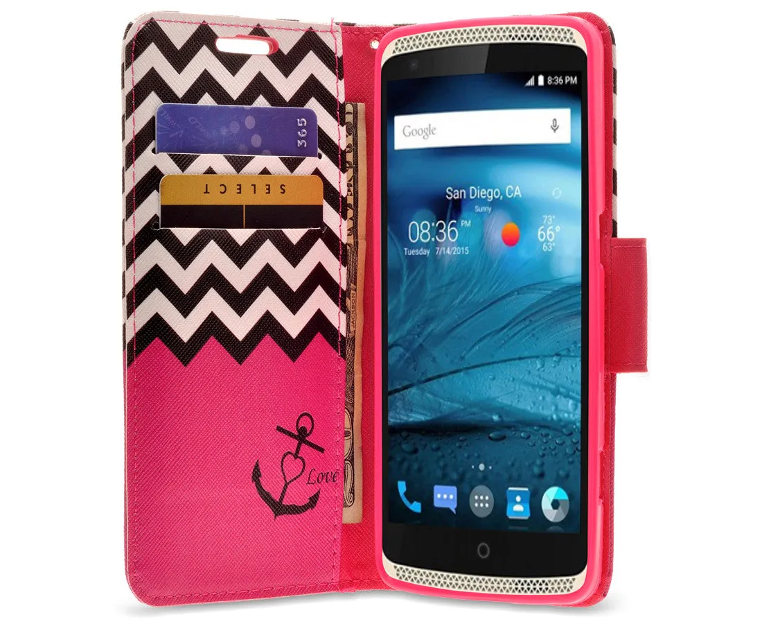 ZTE Axon Pro Case, Wrist Strap Magnetic Fold[Kickstand] Pu Leather Wallet Case with ID & Credit Card Slots for ZTE Axon Pro - Hot Pink Anchor