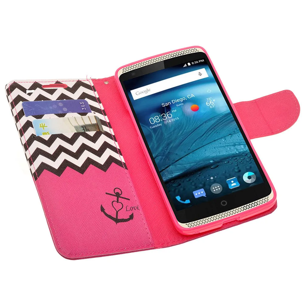 ZTE Axon Pro Case, Wrist Strap Magnetic Fold[Kickstand] Pu Leather Wallet Case with ID & Credit Card Slots for ZTE Axon Pro - Hot Pink Anchor