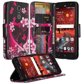 ZTE Blade Spark Z971, ZTE ZMAX One, ZTE Grand X4, X 4 Case, Wrist Strap Pu Leather Magnetic Flip [Kickstand] Wallet Cover with Slots - Heart Butterflies