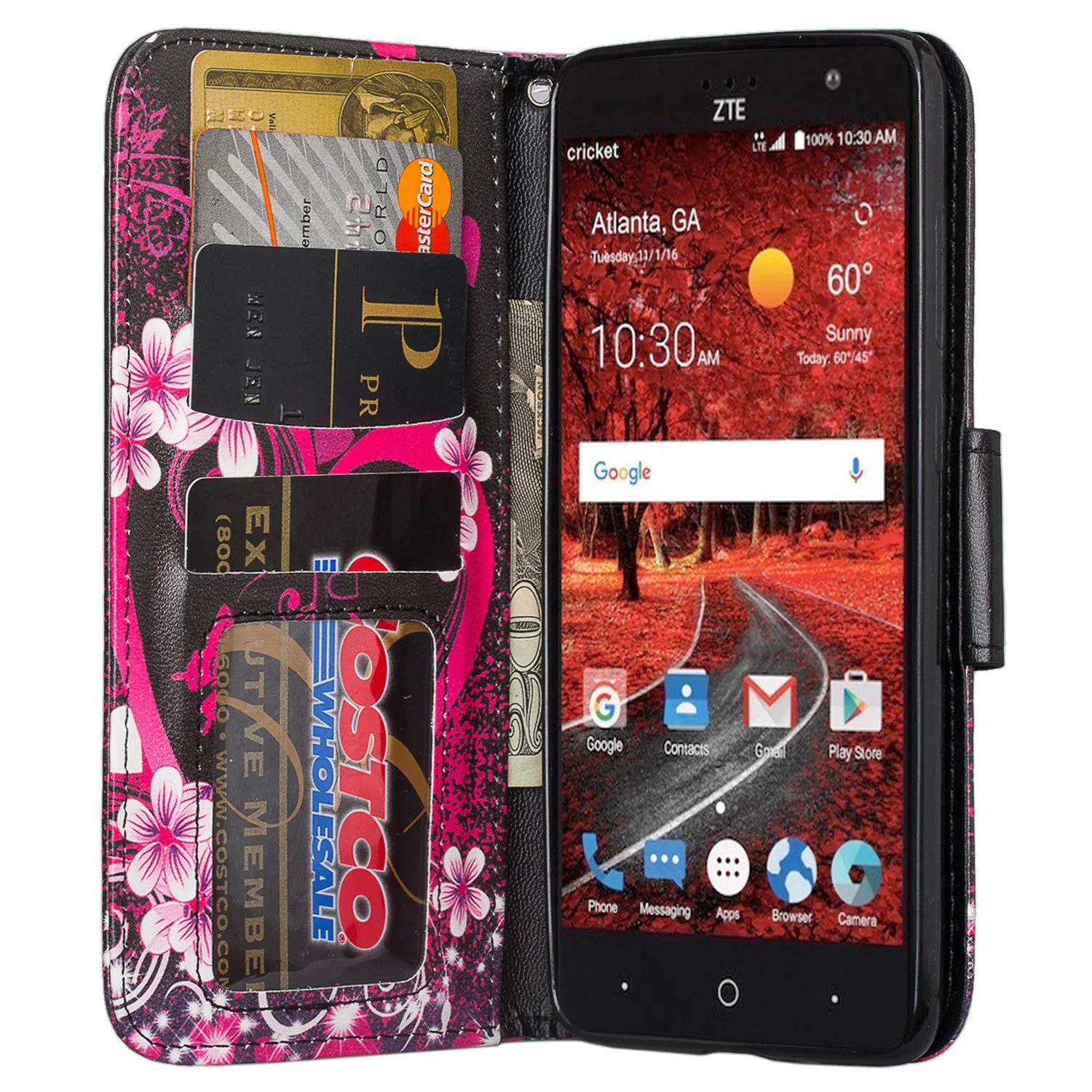 ZTE Blade Spark Z971, ZTE ZMAX One, ZTE Grand X4, X 4 Case, Wrist Strap Pu Leather Magnetic Flip [Kickstand] Wallet Cover with Slots - Heart Butterflies