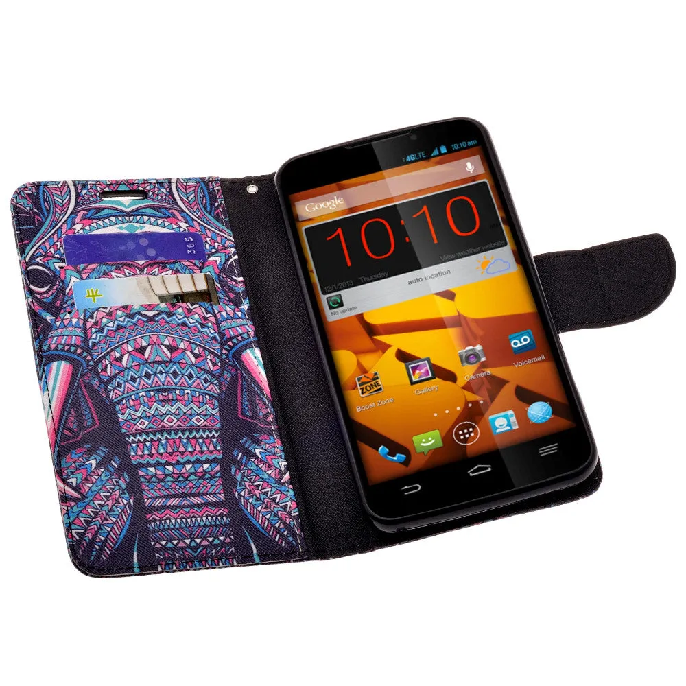 ZTE Max | N9520 | Boost Max Case, Wrist Strap Magnetic Flip Fold[Kickstand] Pu Leather Wallet Case with ID & Card Slots - Tribal Elephant