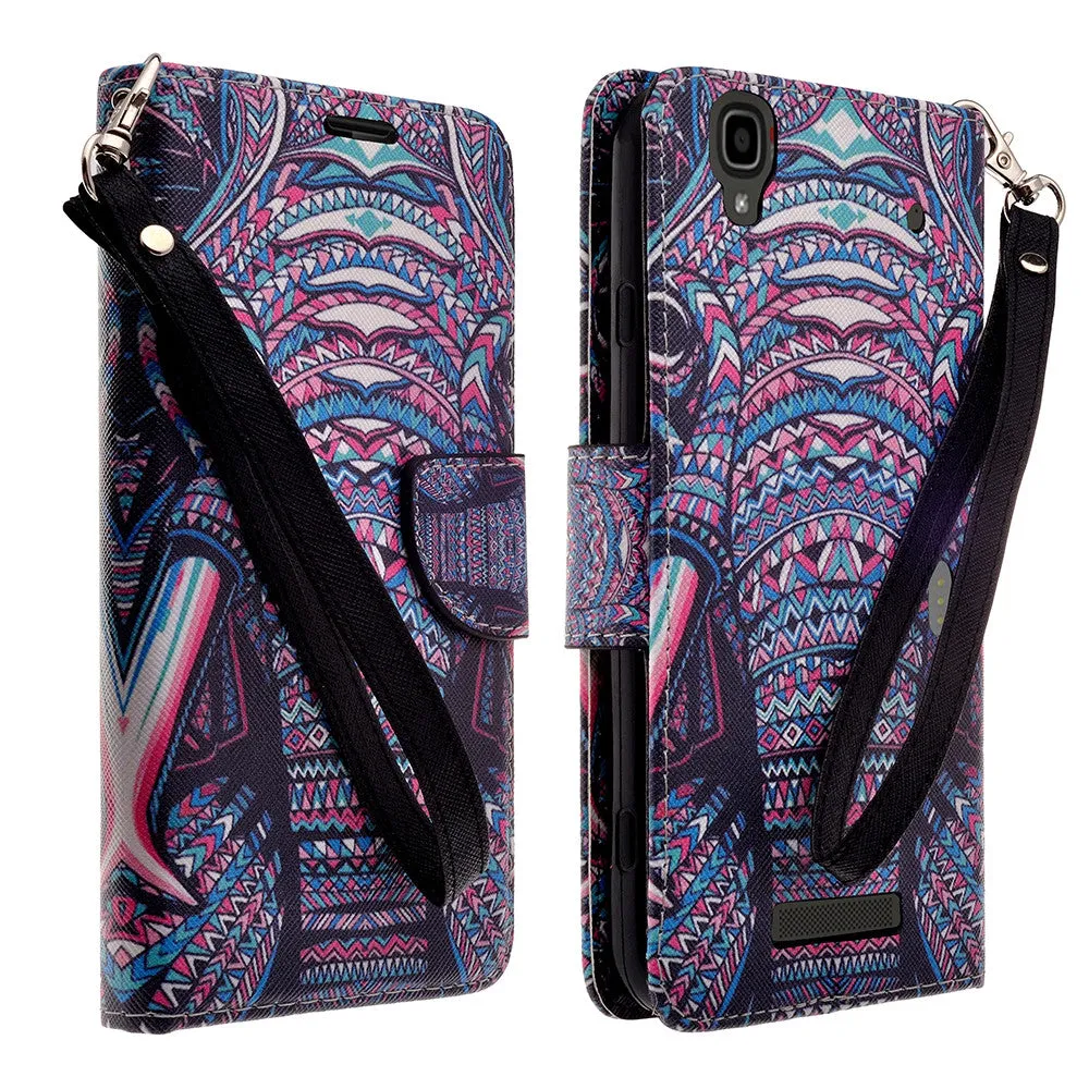 ZTE Max | N9520 | Boost Max Case, Wrist Strap Magnetic Flip Fold[Kickstand] Pu Leather Wallet Case with ID & Card Slots - Tribal Elephant